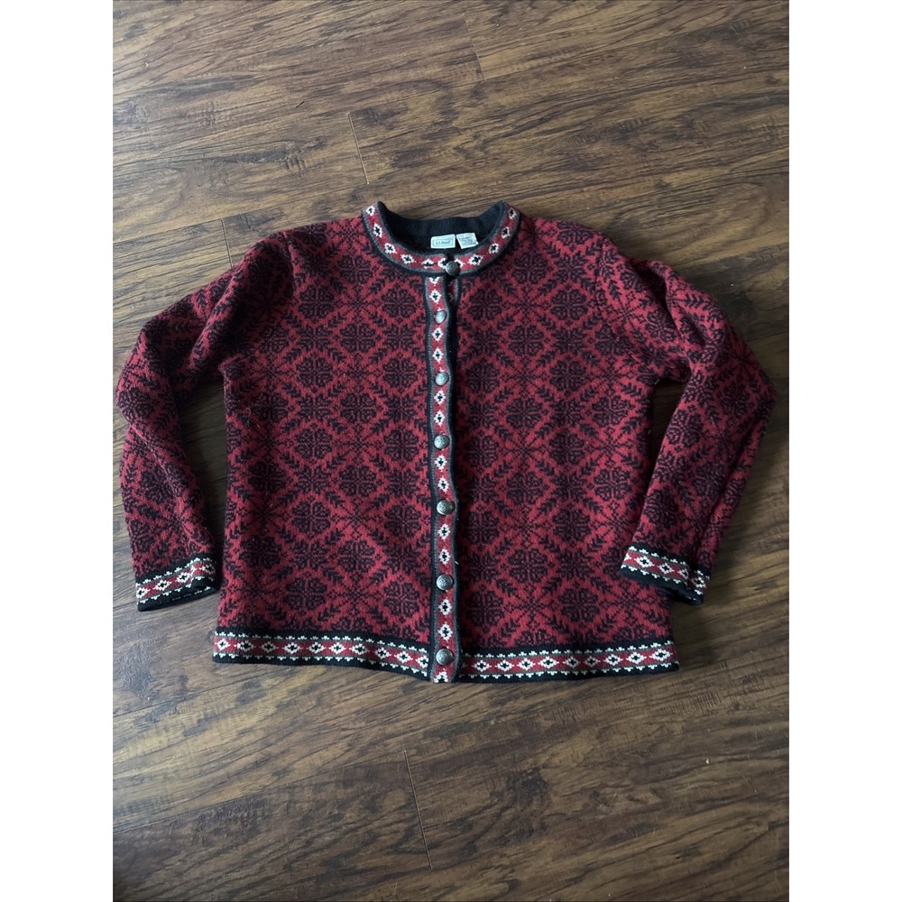 LL Bean Sweater Womens Fair Isle Button Cardigan Nordic Snowflake Red XL